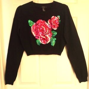 Rose Sequin on Crop Knit Long Sleeve Sweater w Size Small